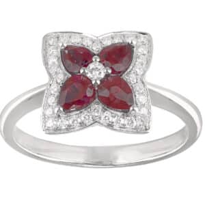 Bague Or blanc 18K fleur Rubis et Diamants