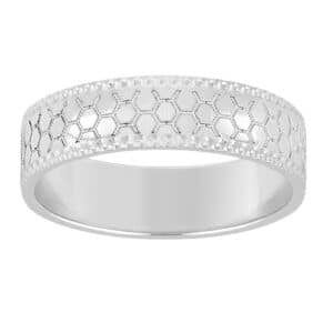 Alliance Or blanc 18K hexagone bords perlés
