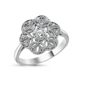 Bague en Or blanc 18K sertie de diamants style Art Déco forme de fleur/ flocon