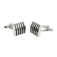Boutons de manchettes rectangles rayures noires, Laiton rhodié